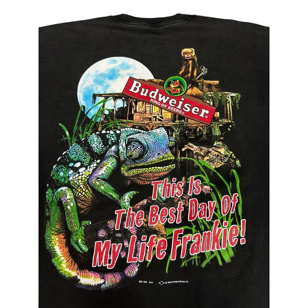 Vintage Budweiser T Shirt Mens 2XL Black Faded 1998 Iguana Ferret Nature Frankie